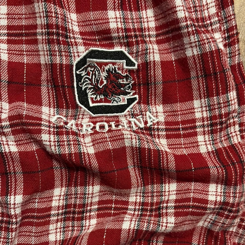 Women’s XL SC Gamecocks Plaid Pajama Pants with drawstring Waistband and logo.